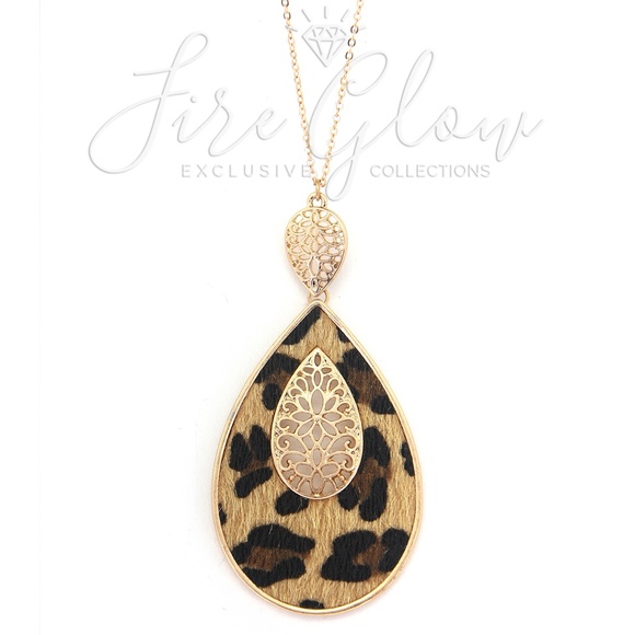 Gold Tone Teardrop Necklace Faux Fur Leopard Print - Picture 4 of 7